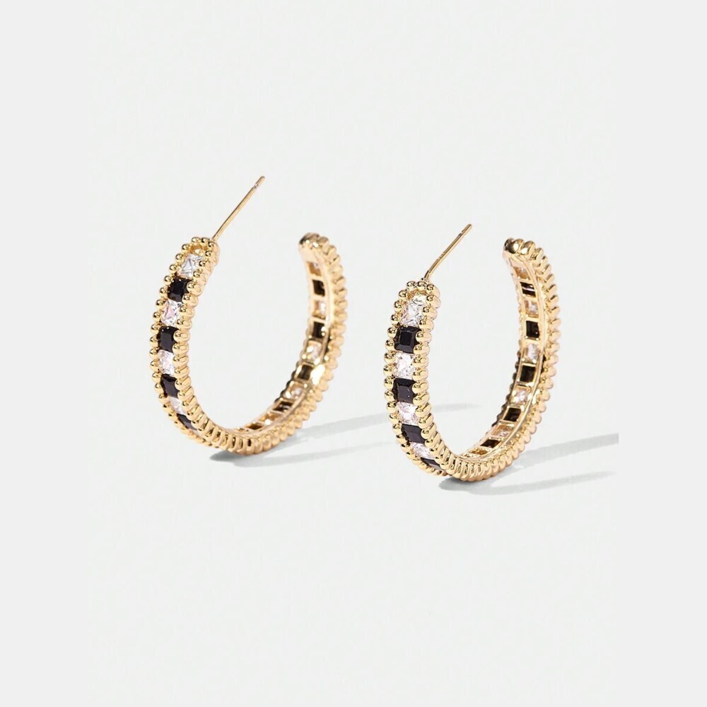 Gold Black and Crystal Clear Rhinestone Ribbed Hoop Earrings